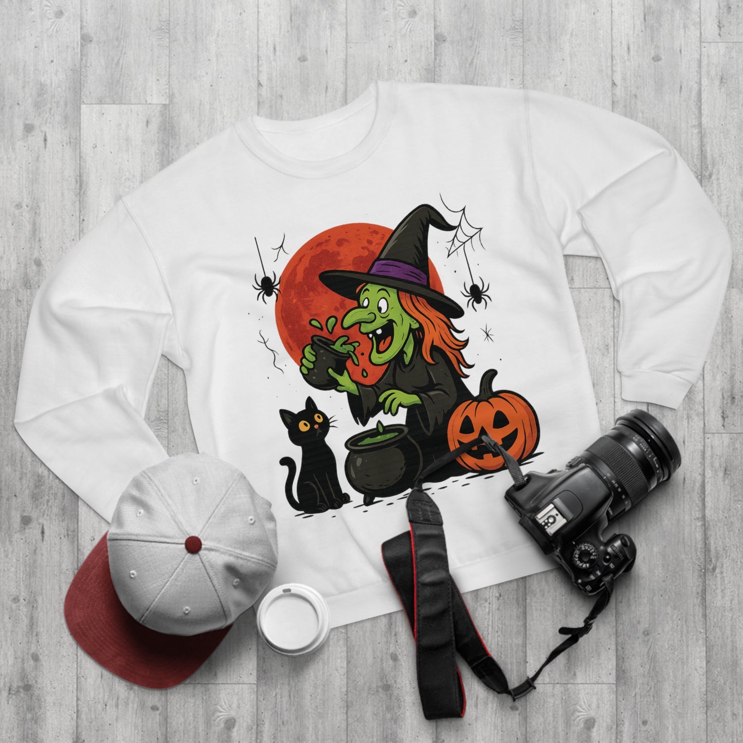 Sweatshirt Motiv Halloween Hexe Blutmond Katze Kürbis - MorgenMood