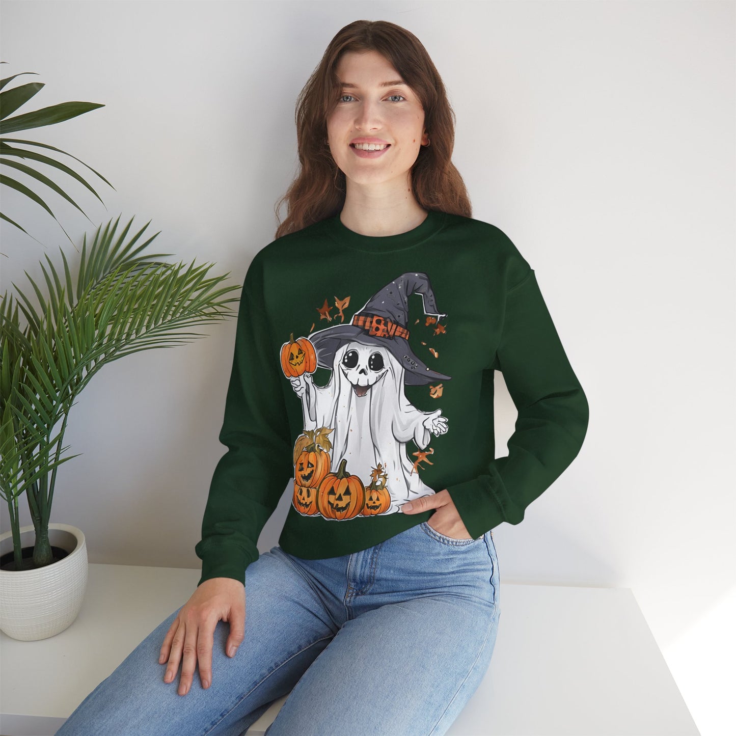 Halloween Sweatshirt mit lustigem Geist mit Hut und Kürbisse