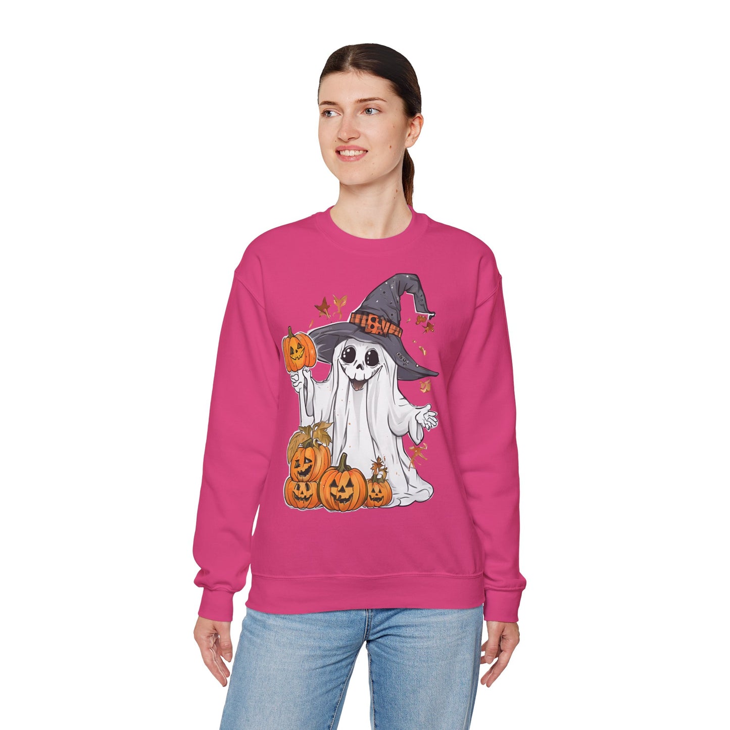 Halloween Sweatshirt mit lustigem Geist mit Hut und Kürbisse