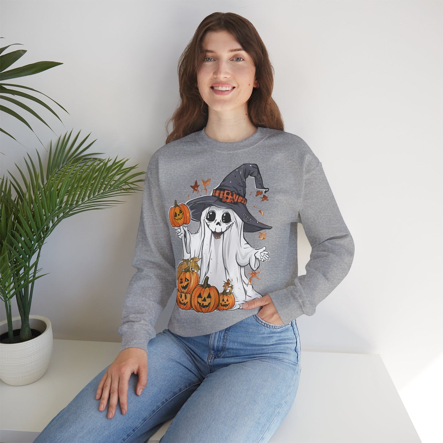 Graues Sweatshirt mit lustigem Halloween Motiv