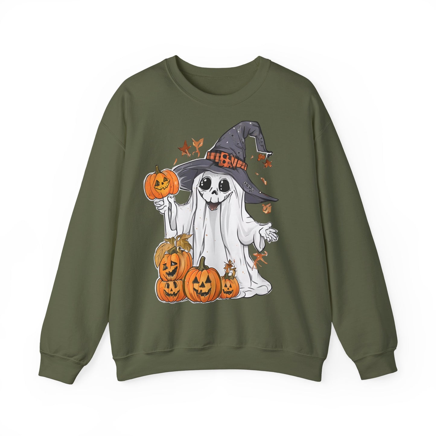 Halloween Sweatshirt mit lustigem Geist mit Hut und Kürbisse