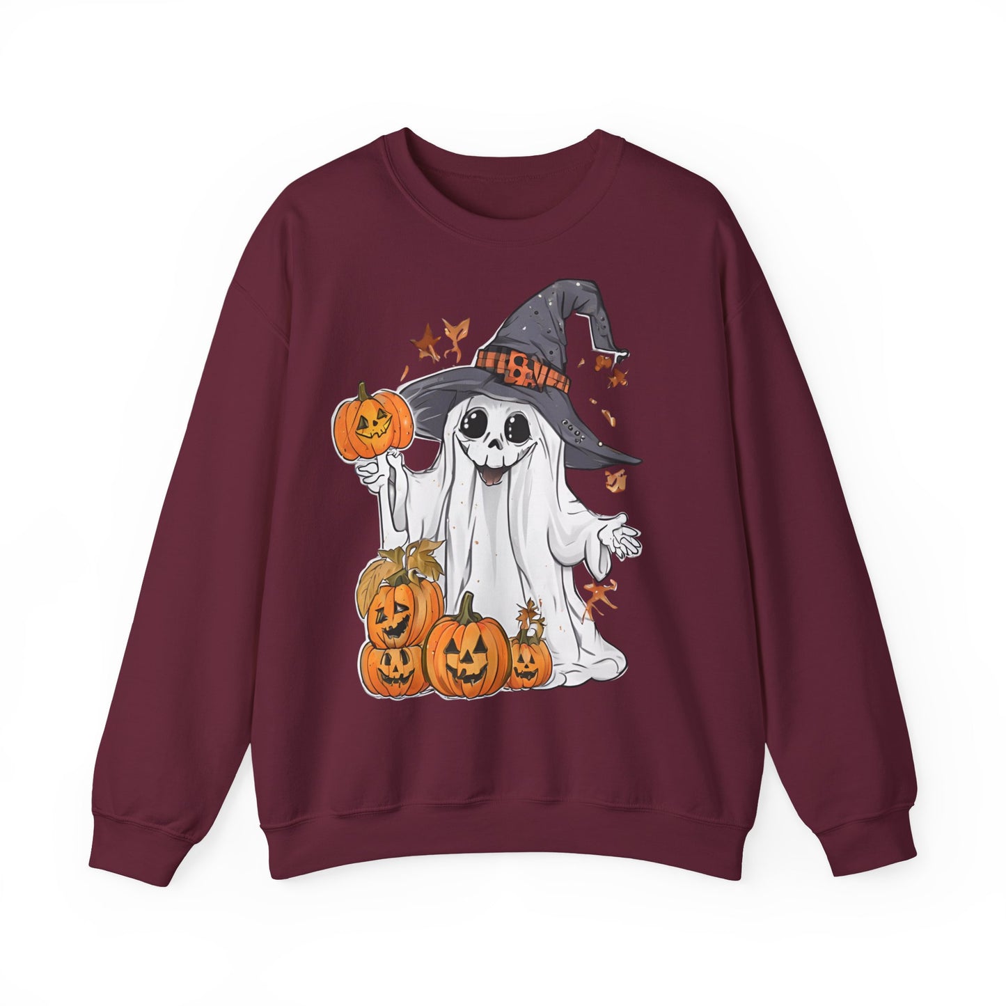 Halloween Sweatshirt mit lustigem Geist mit Hut und Kürbisse
