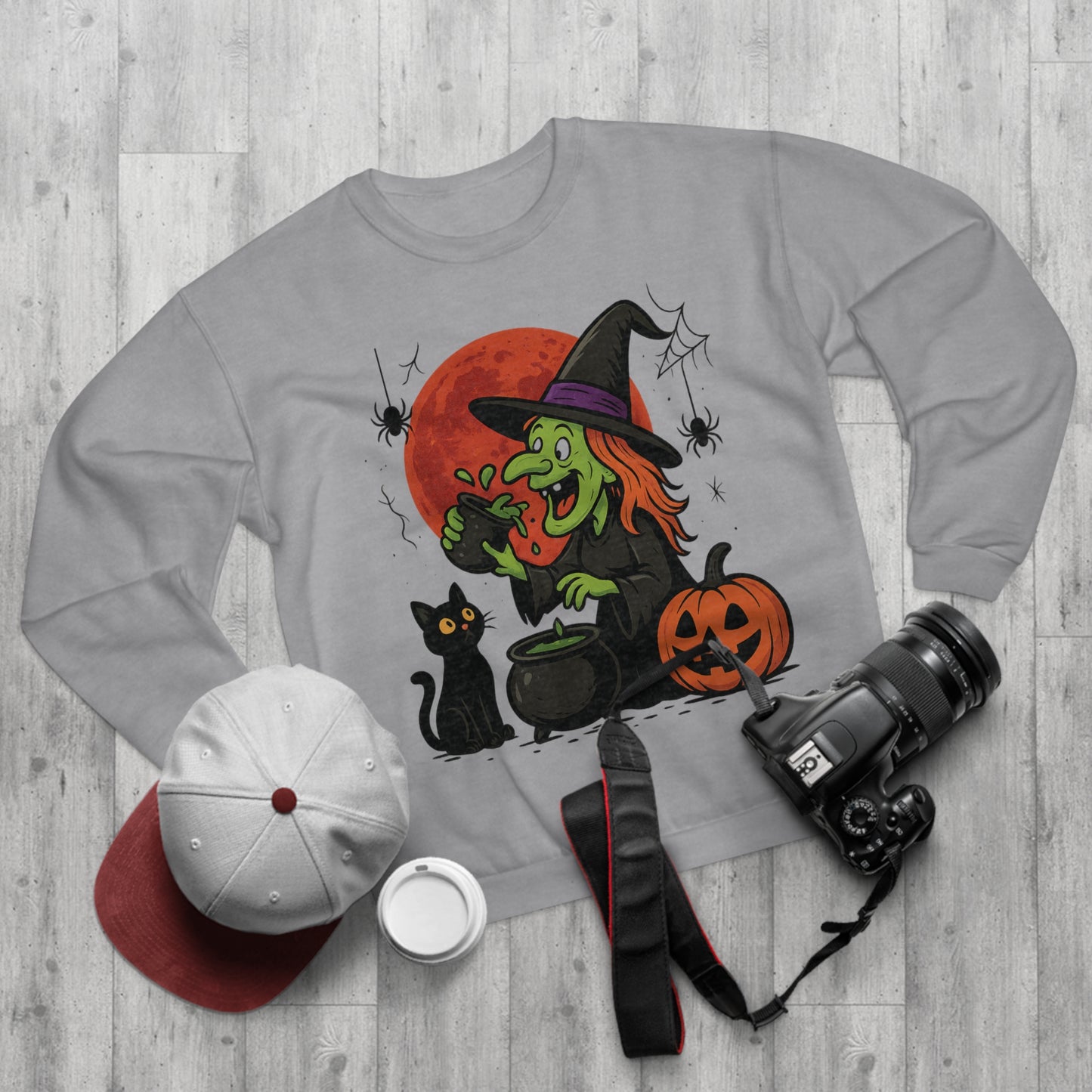 Sweatshirt Motiv Halloween Hexe Blutmond Katze Kürbis - MorgenMood