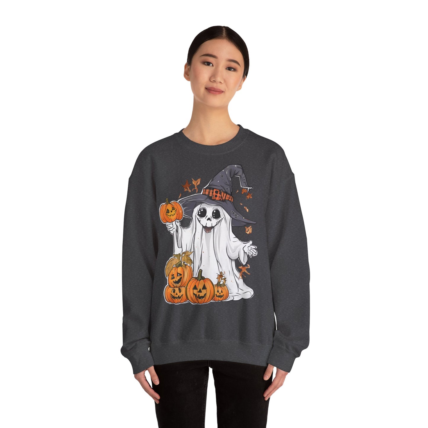 Halloween Sweatshirt mit lustigem Geist mit Hut und Kürbisse