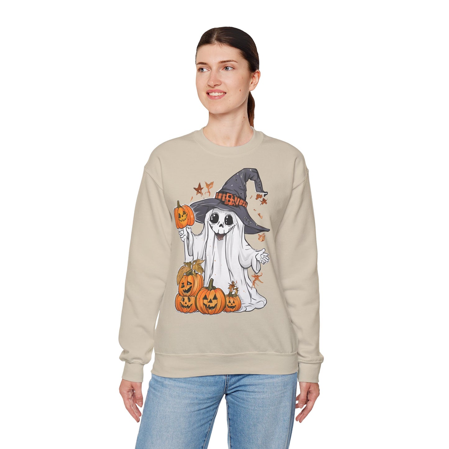 Halloween Sweatshirt mit lustigem Geist mit Hut und Kürbisse