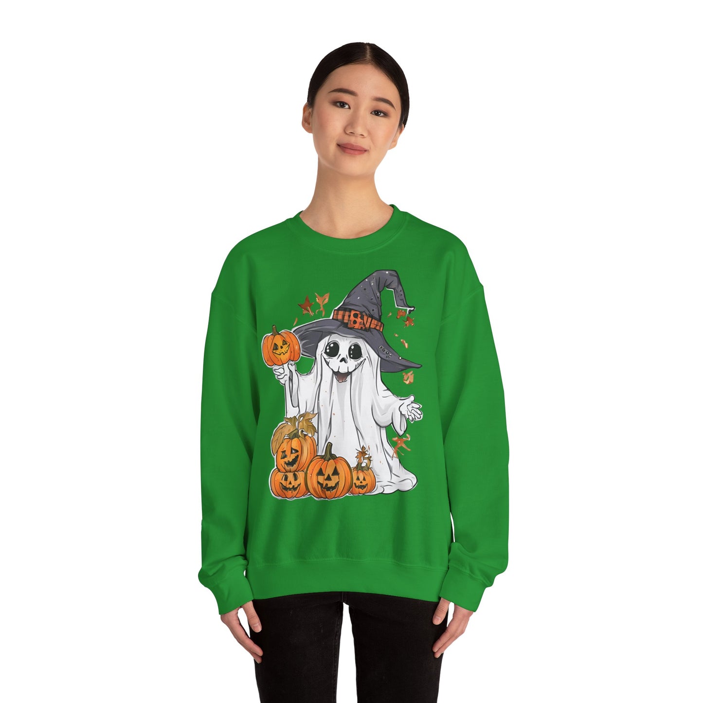 Halloween Sweatshirt mit lustigem Geist mit Hut und Kürbisse
