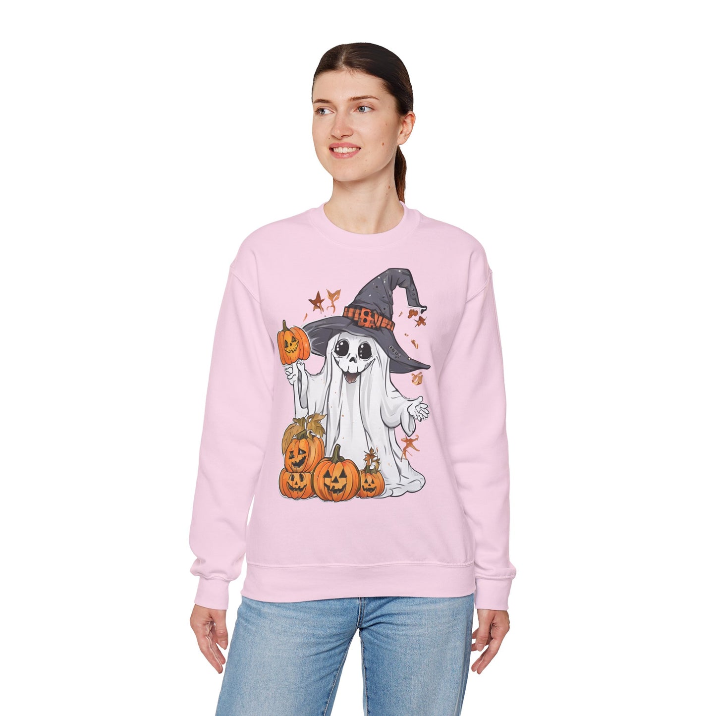 Halloween Sweatshirt mit lustigem Geist mit Hut und Kürbisse