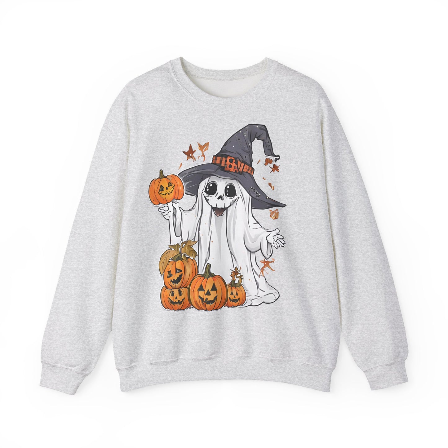 Halloween Sweatshirt mit lustigem Geist mit Hut und Kürbisse