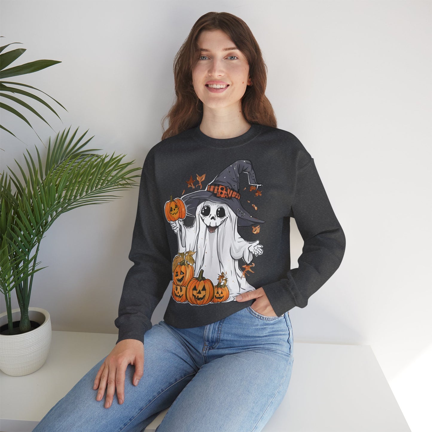 Halloween Sweatshirt mit lustigem Geist mit Hut und Kürbisse