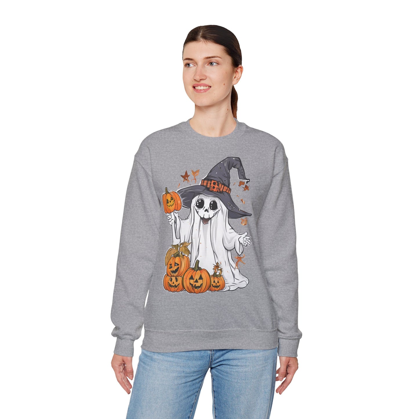 Halloween Sweatshirt mit lustigem Geist mit Hut und Kürbisse