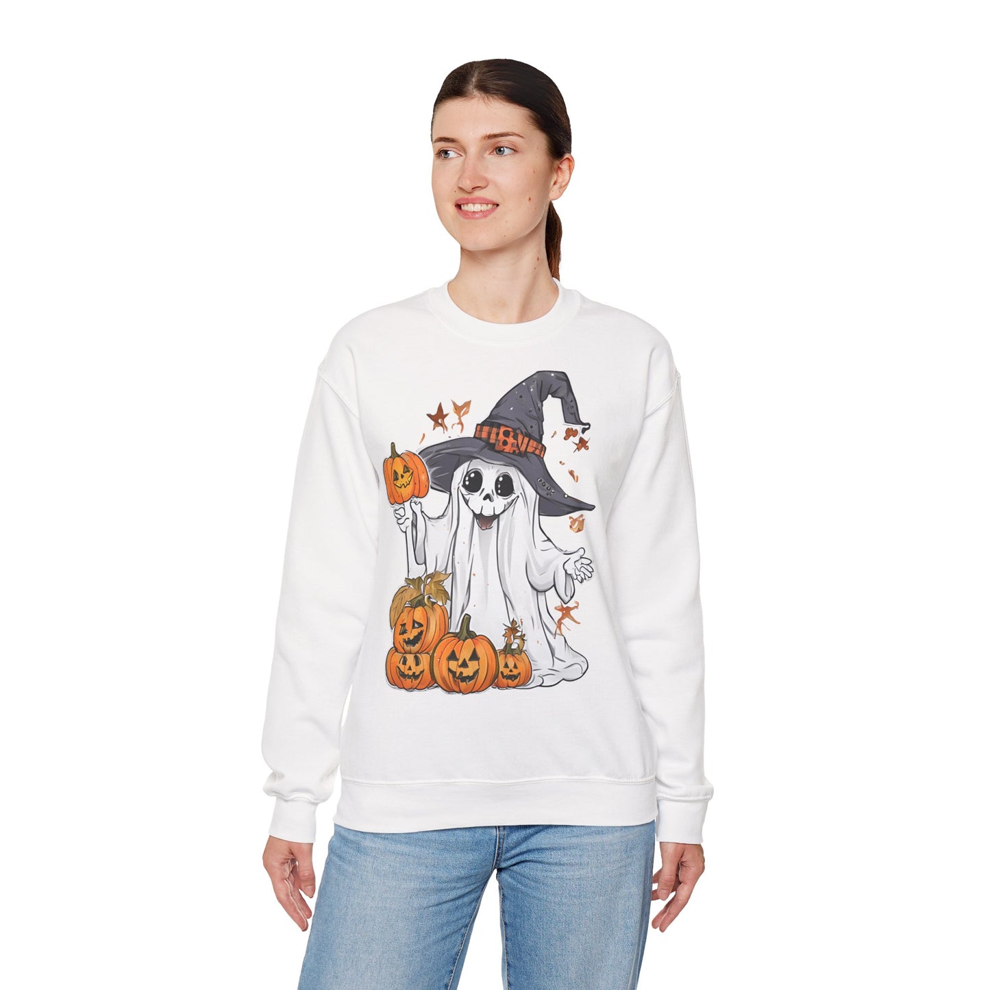 Halloween Sweatshirt mit lustigem Geist mit Hut und Kürbisse