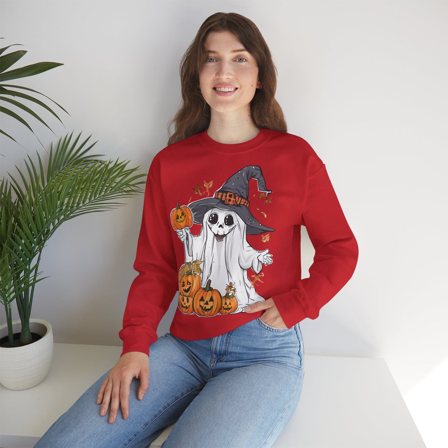 Rotes Sweatshirt mit lustigem Halloween Motiv