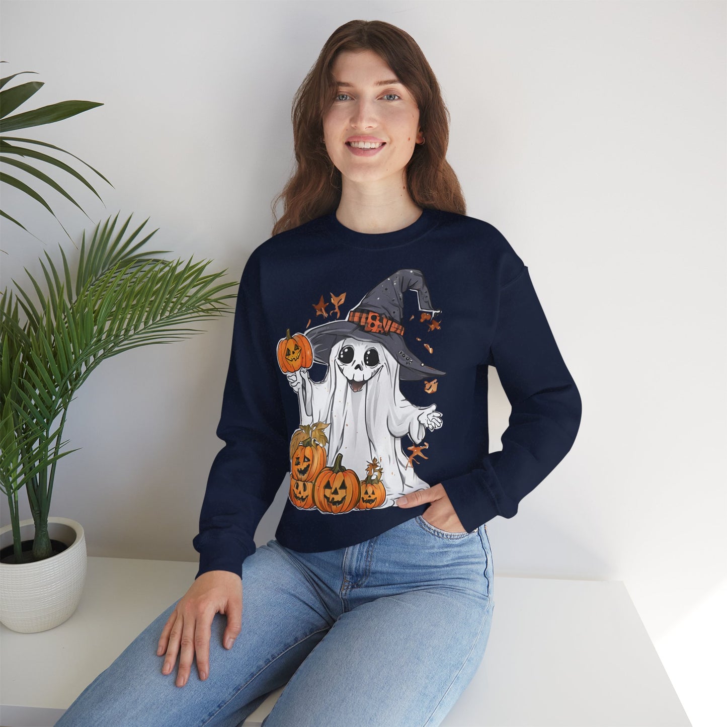 Halloween Sweatshirt mit lustigem Geist mit Hut und Kürbisse