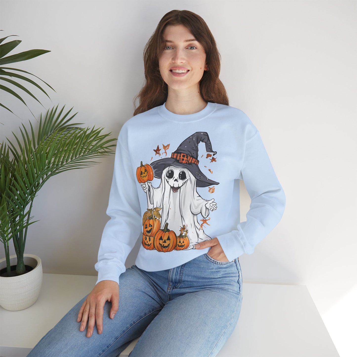Hellblaues Sweatshirt mit lustigem Halloween Motiv