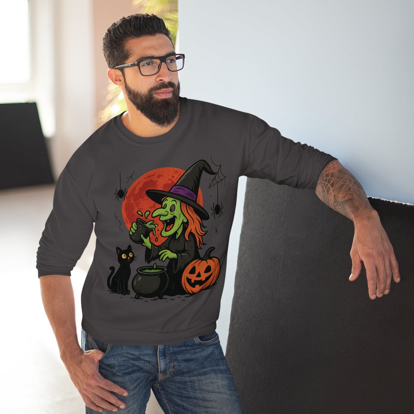 Sweatshirt Motiv Halloween Hexe Blutmond Katze Kürbis - MorgenMood