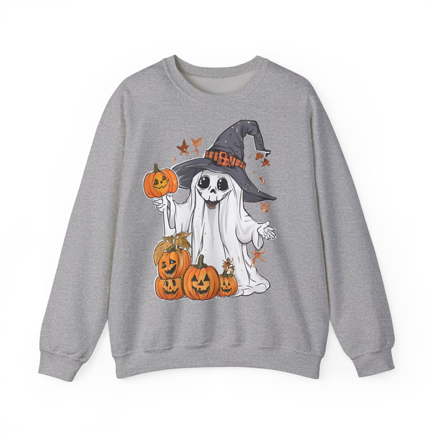 Halloween Sweatshirt mit lustigem Geist mit Hut und Kürbisse