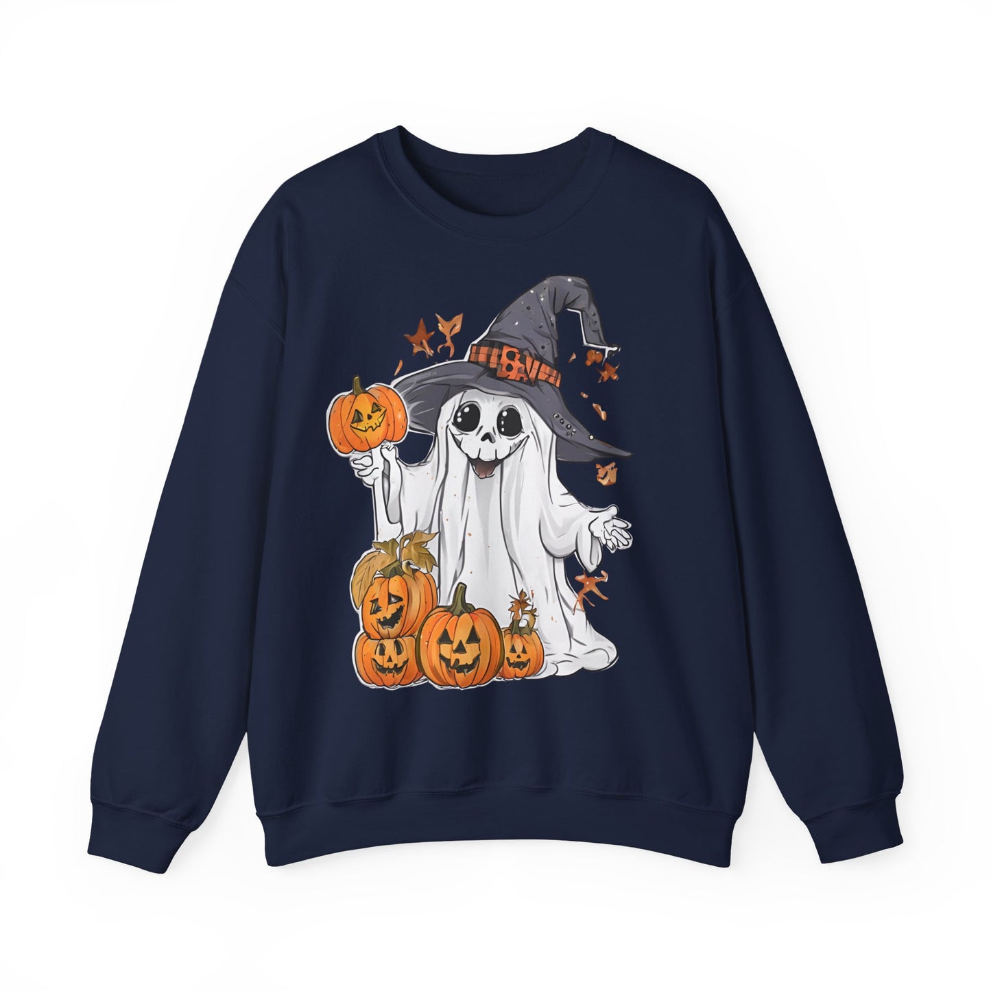 Halloween Sweatshirt mit lustigem Geist mit Hut und Kürbisse