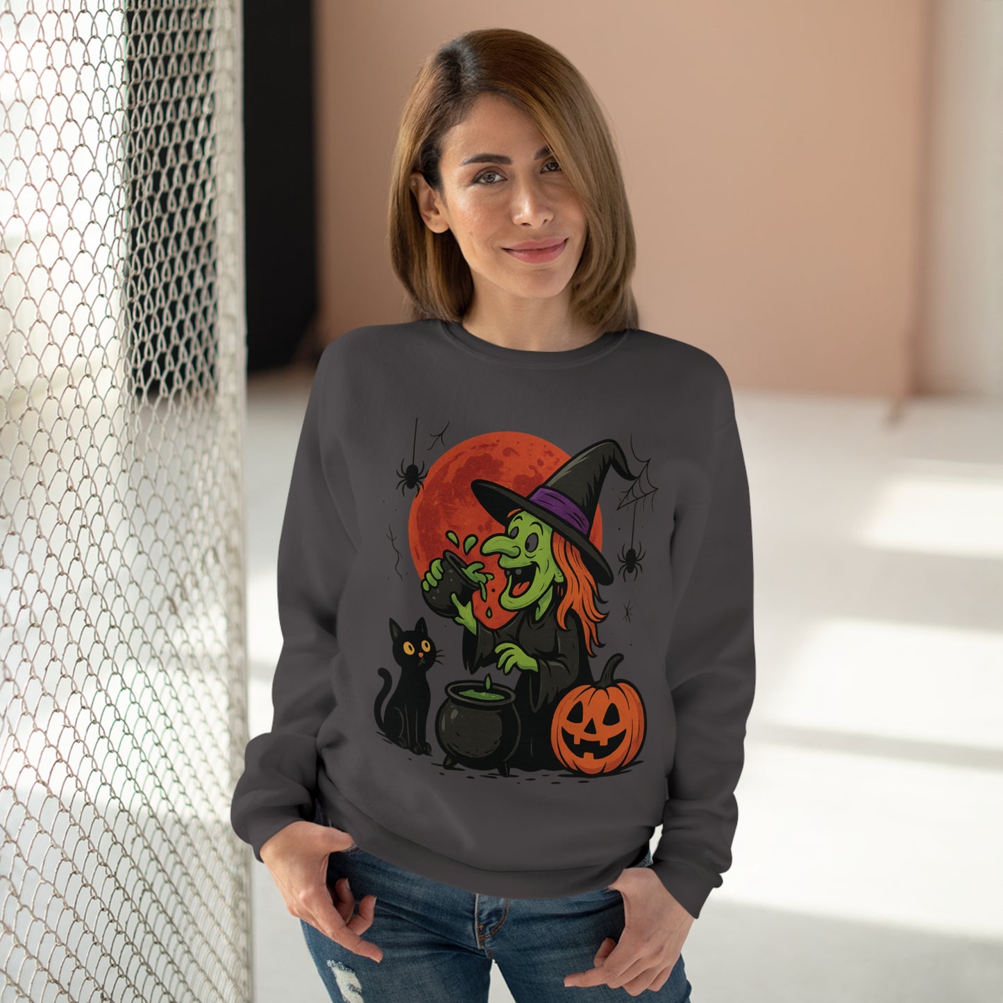 Sweatshirt Motiv Halloween Hexe Blutmond Katze Kürbis - MorgenMood