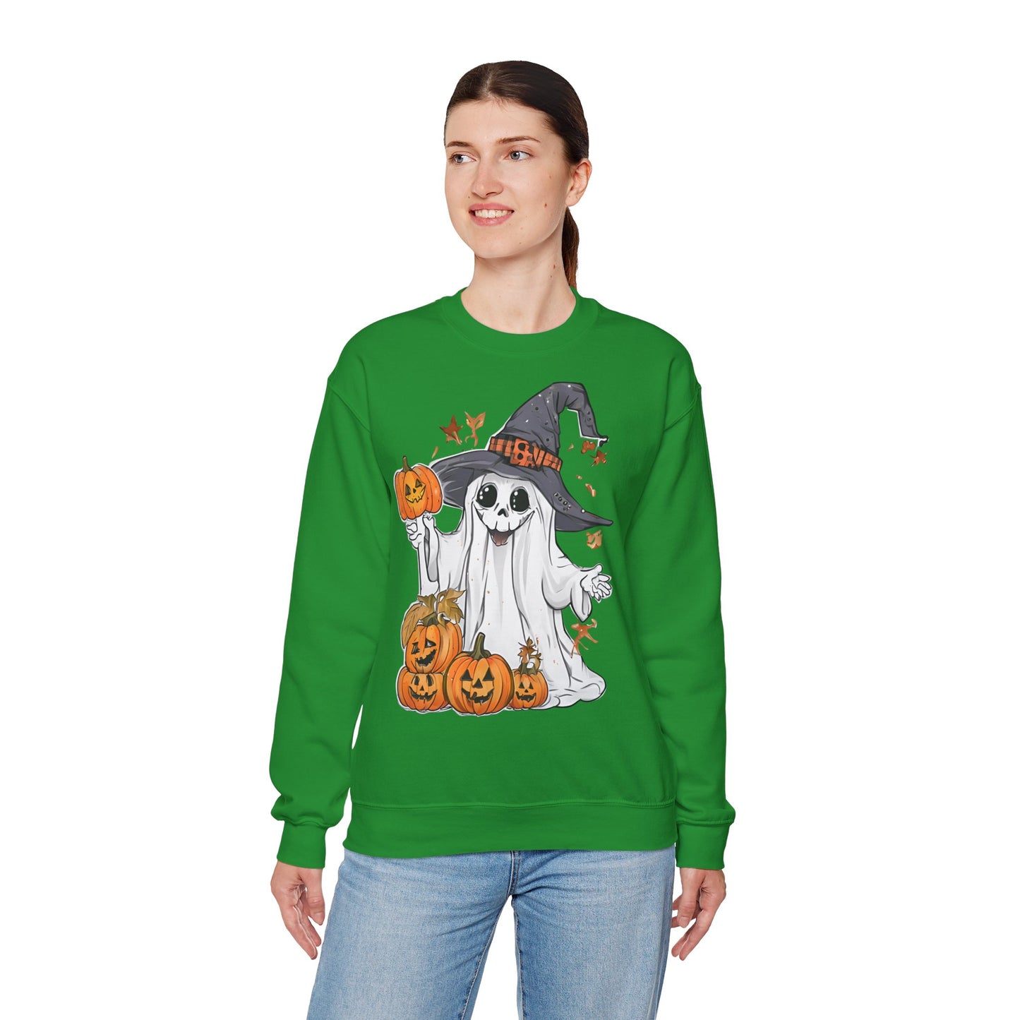 Halloween Sweatshirt mit lustigem Geist mit Hut und Kürbisse