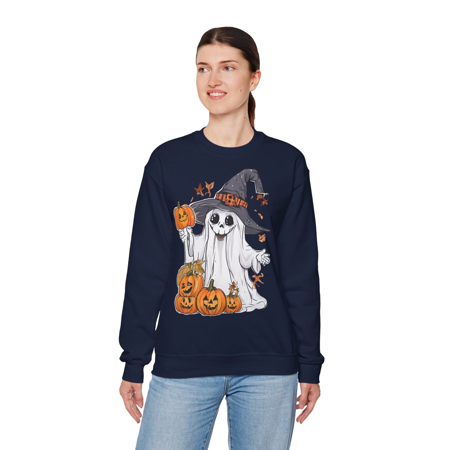 Halloween Sweatshirt mit lustigem Geist mit Hut und Kürbisse