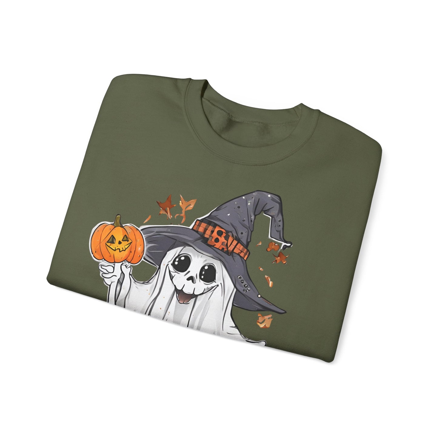 Halloween Sweatshirt mit lustigem Geist mit Hut und Kürbisse