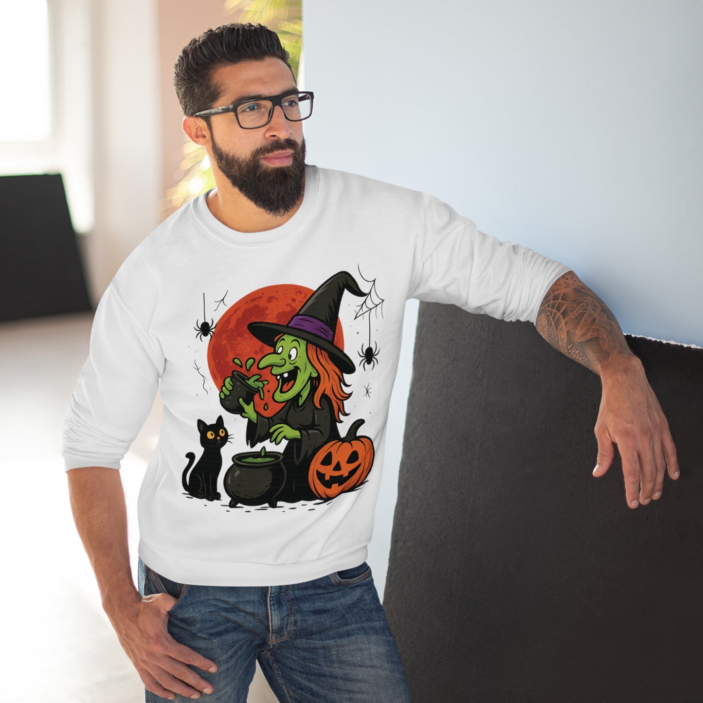 Sweatshirt Motiv Halloween Hexe Blutmond Katze Kürbis - MorgenMood