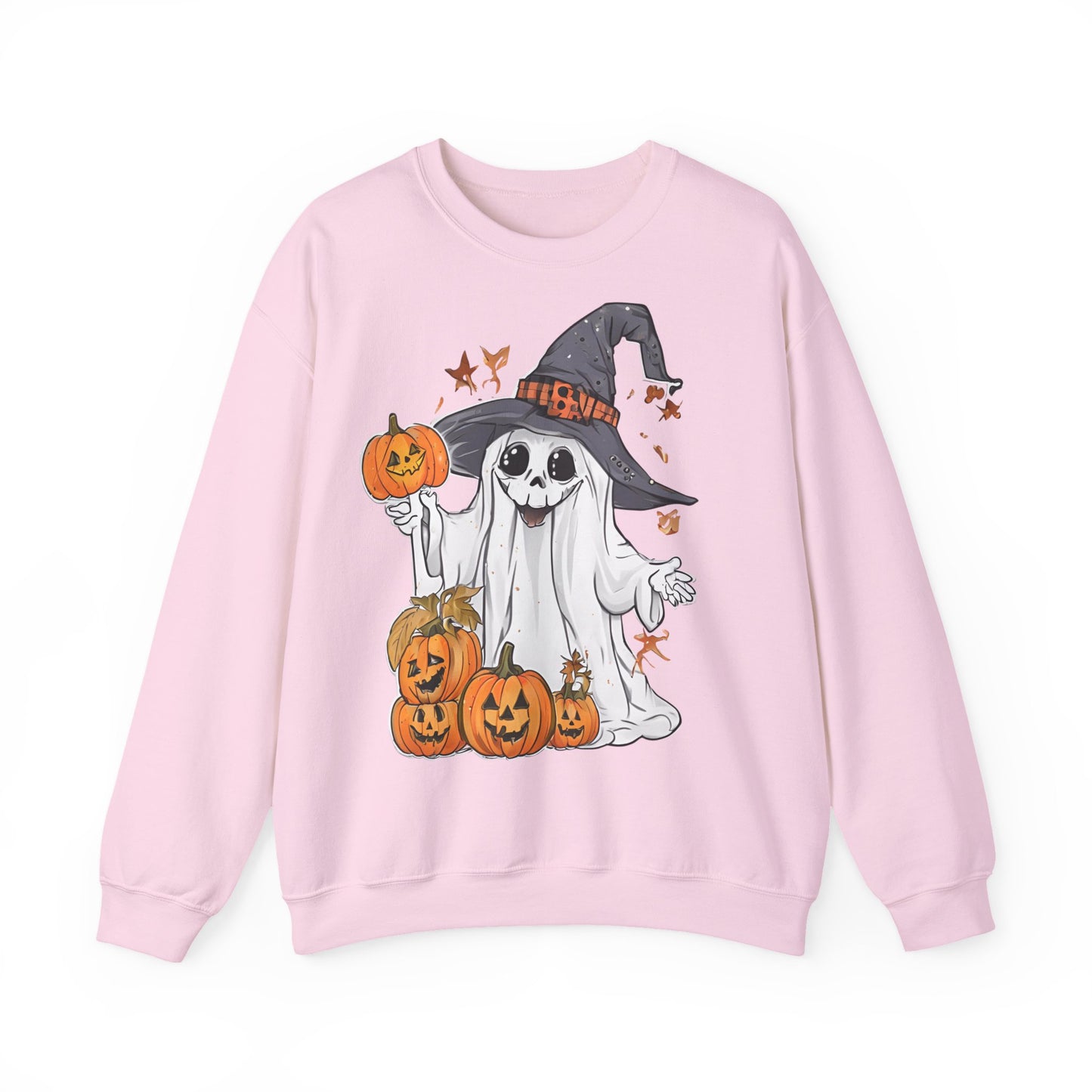 Halloween Sweatshirt mit lustigem Geist mit Hut und Kürbisse