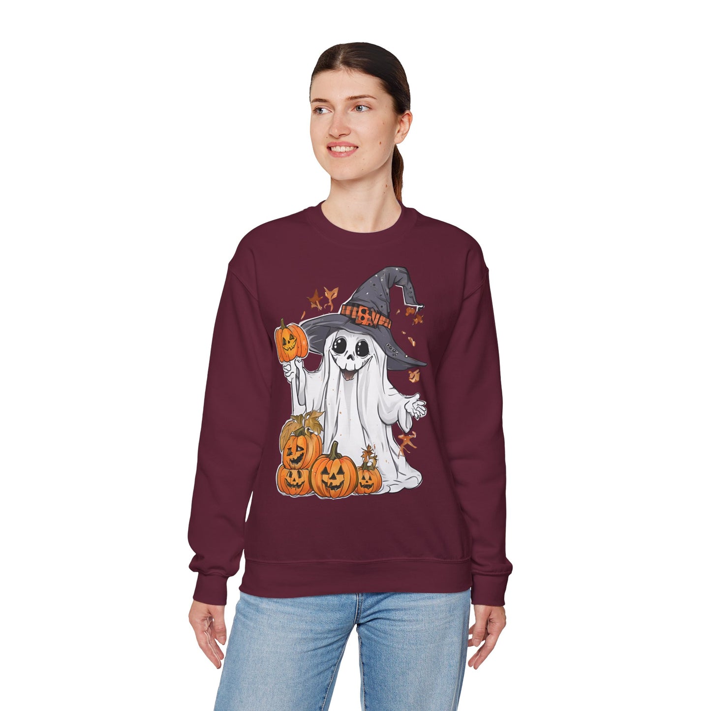 Halloween Sweatshirt mit lustigem Geist mit Hut und Kürbisse
