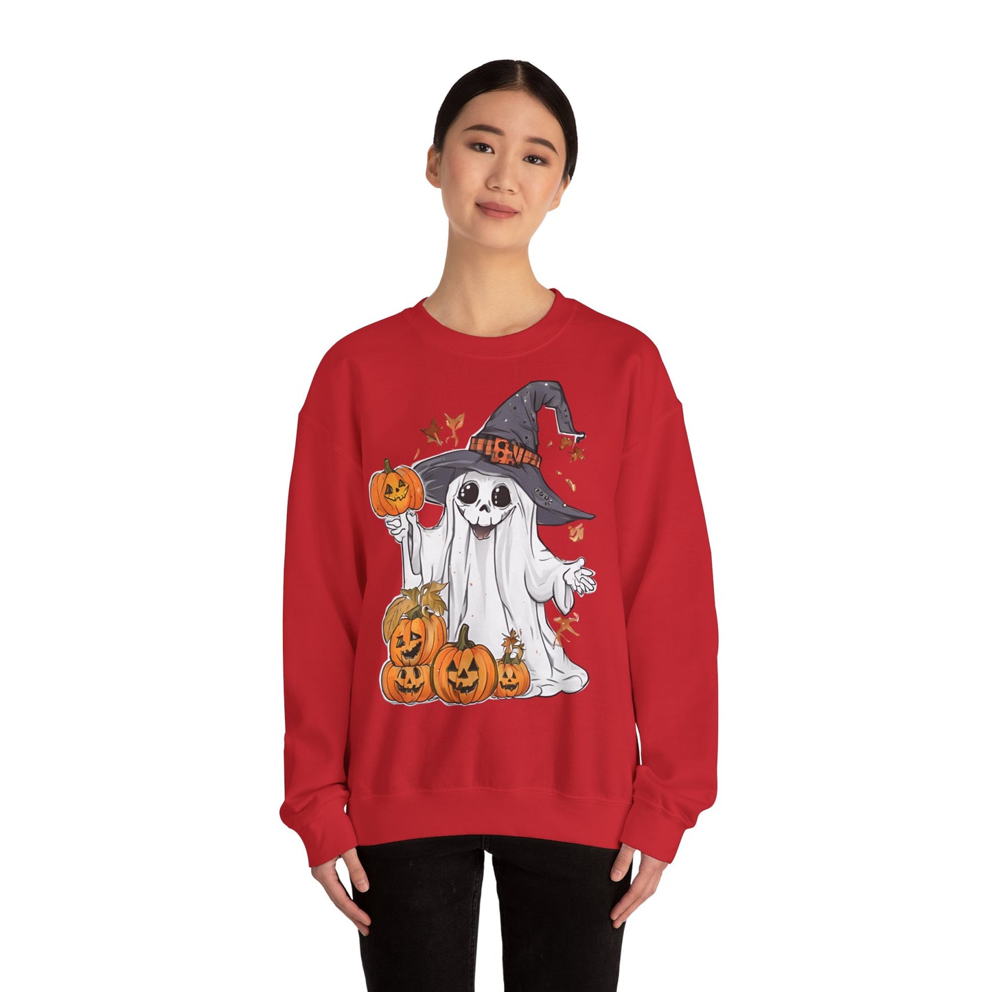 Halloween Sweatshirt mit lustigem Geist mit Hut und Kürbisse