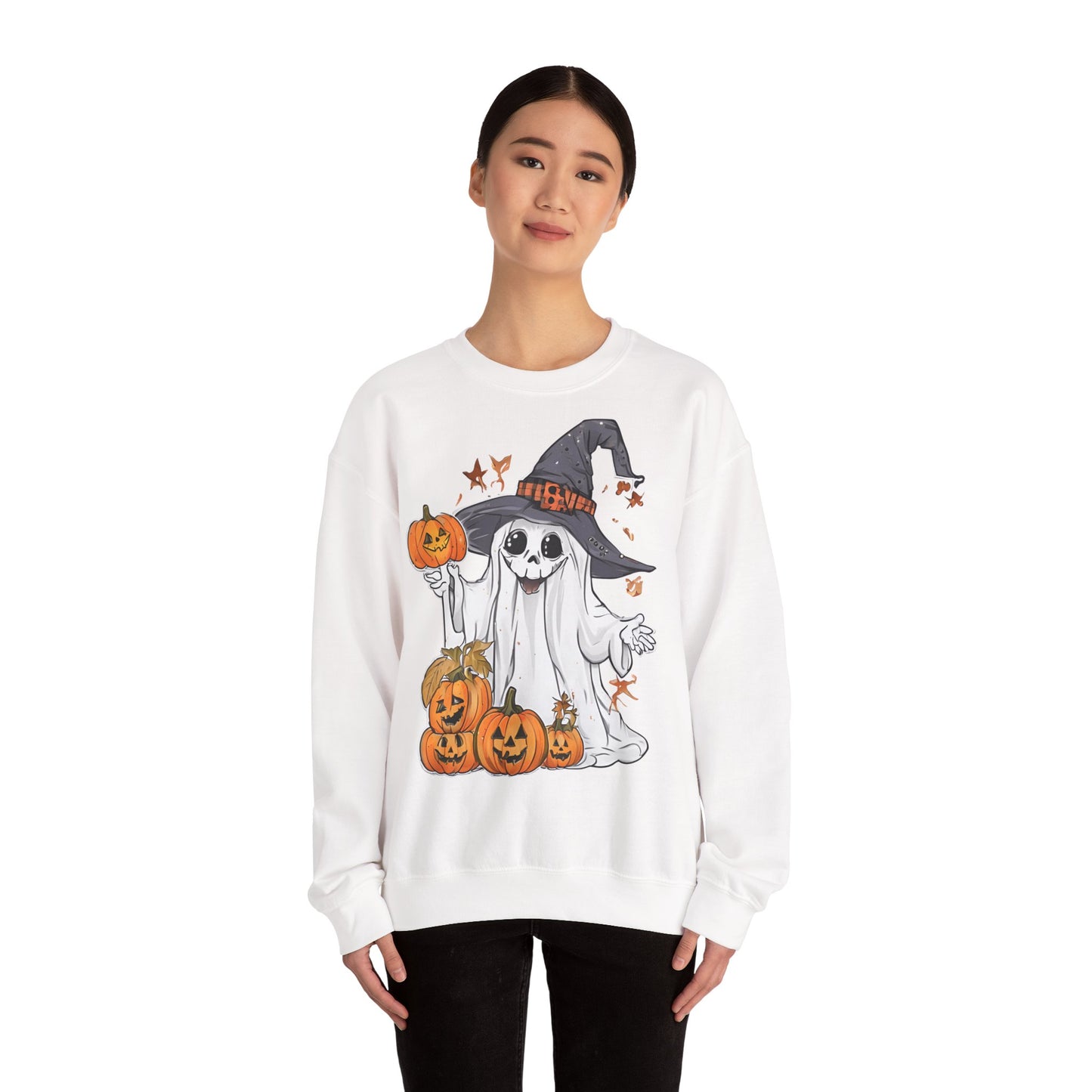 Halloween Sweatshirt mit lustigem Geist mit Hut und Kürbisse