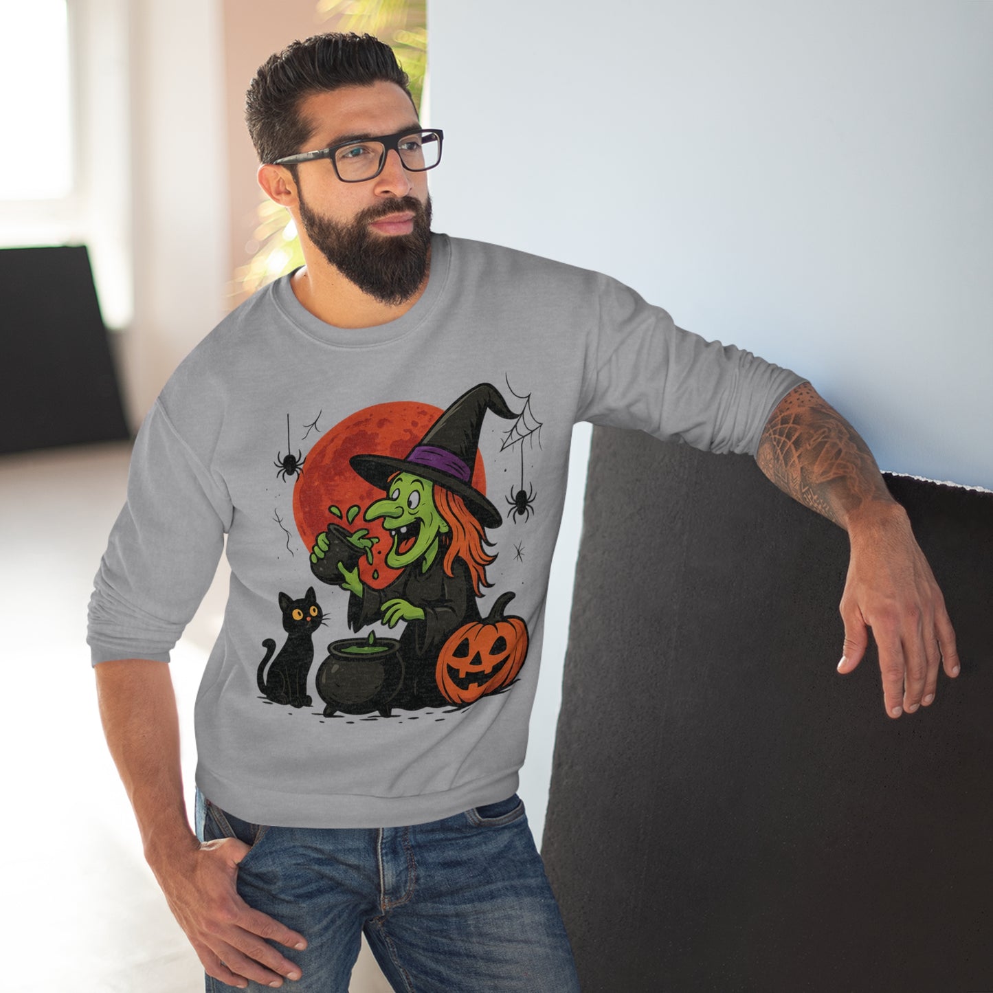 Sweatshirt Motiv Halloween Hexe Blutmond Katze Kürbis - MorgenMood