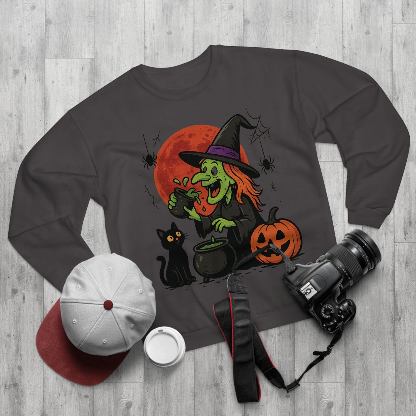 Sweatshirt Motiv Halloween Hexe Blutmond Katze Kürbis - MorgenMood