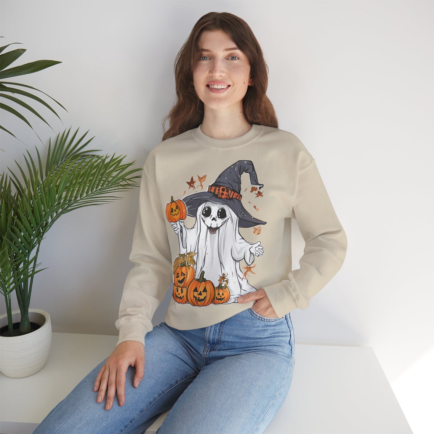 Halloween Sweatshirt mit lustigem Geist mit Hut und Kürbisse