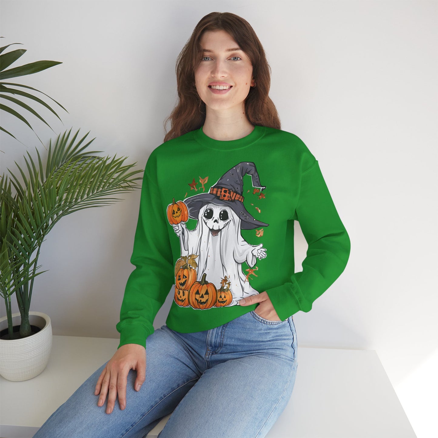 Hellgrünes Sweatshirt mit lustigem Halloween Motiv