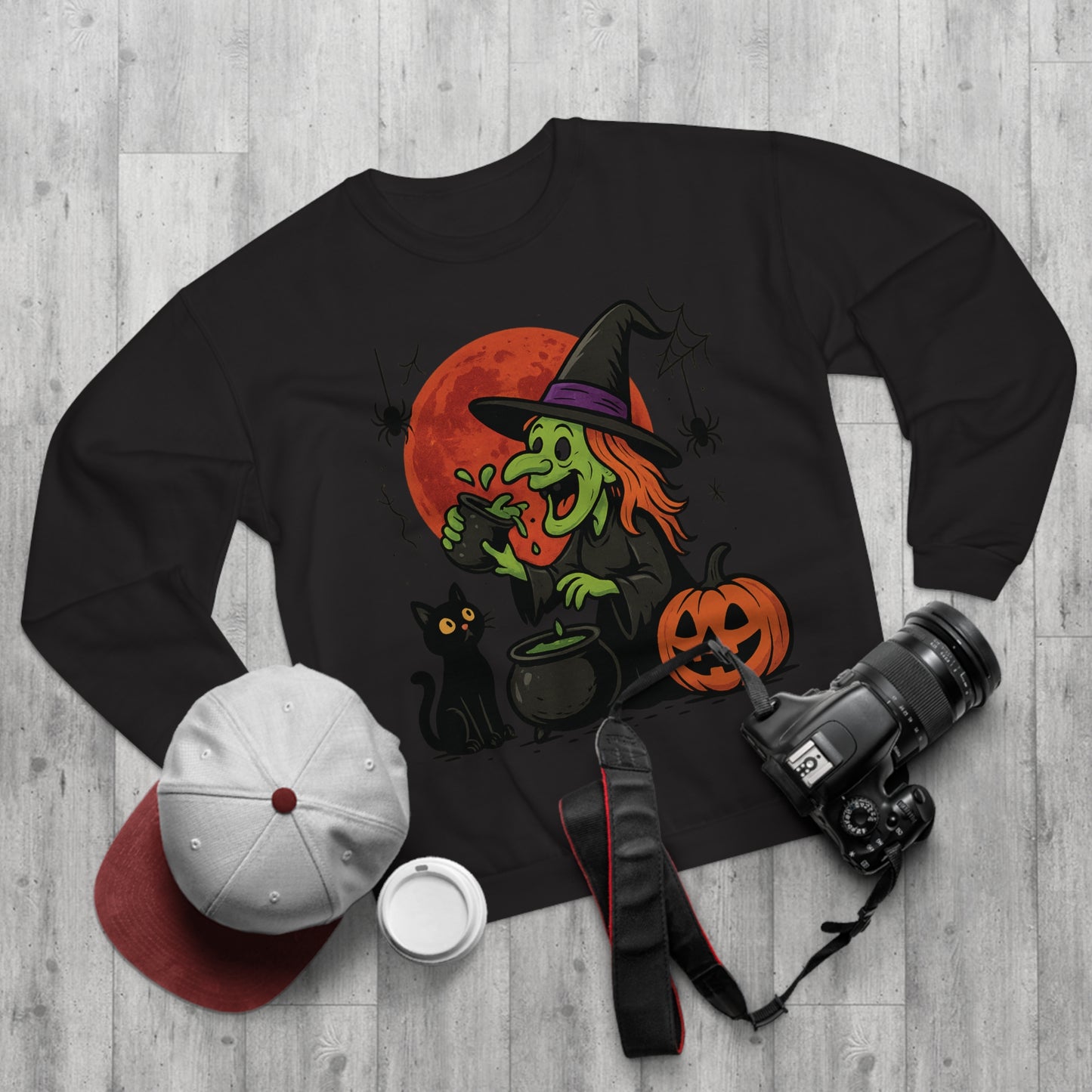 Sweatshirt Motiv Halloween Hexe Blutmond Katze Kürbis - MorgenMood