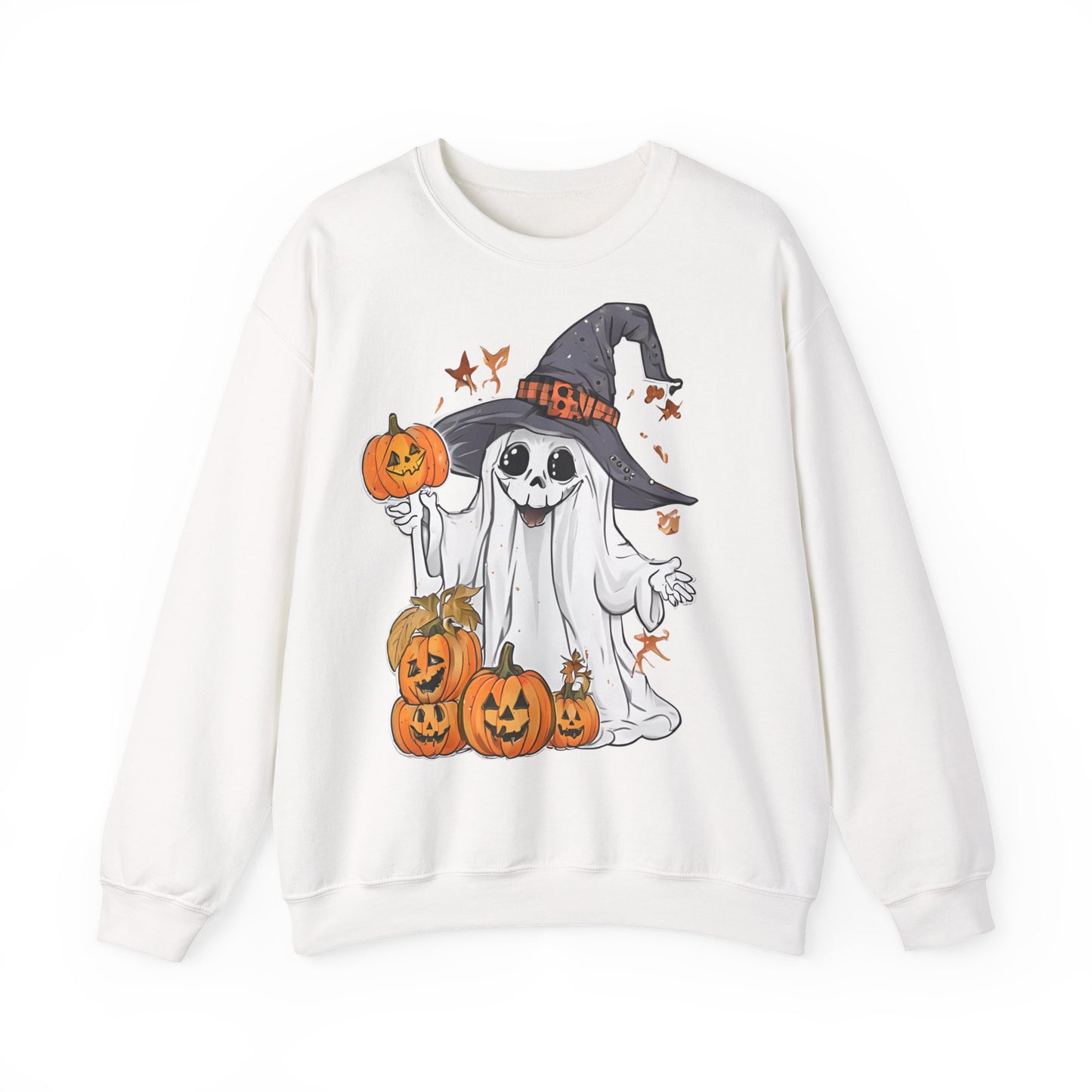 Halloween Sweatshirt mit lustigem Geist mit Hut und Kürbisse