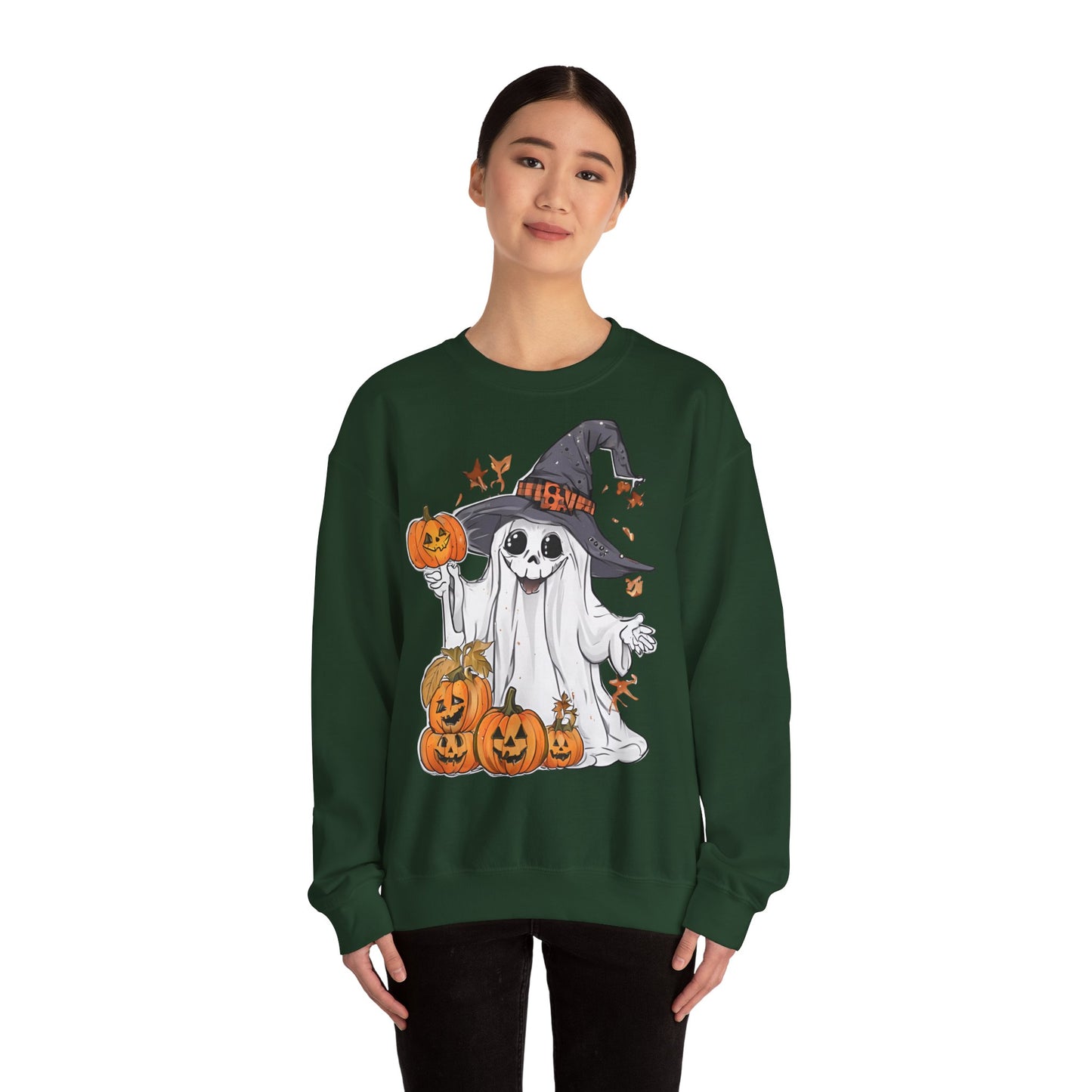 Halloween Sweatshirt mit lustigem Geist mit Hut und Kürbisse