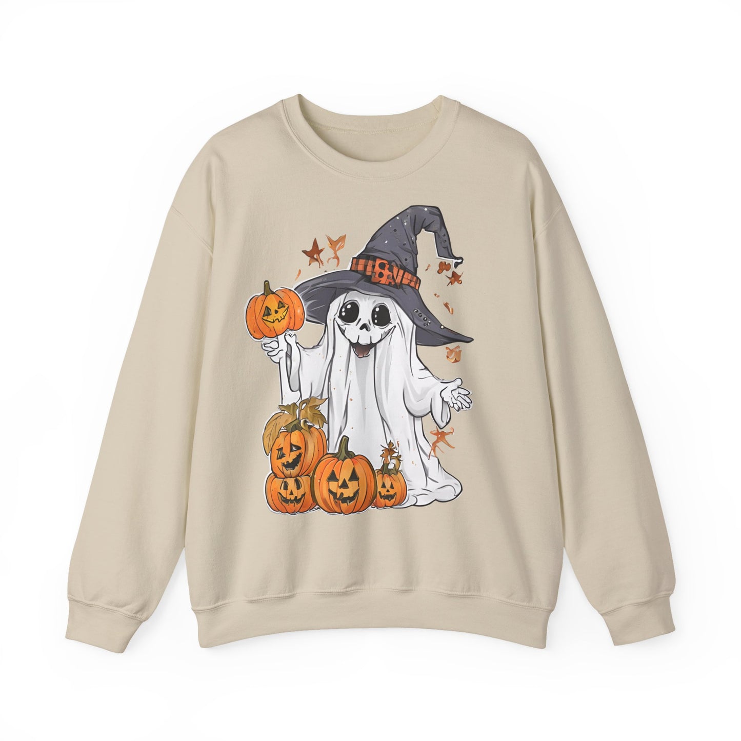 Halloween Sweatshirt mit lustigem Geist mit Hut und Kürbisse