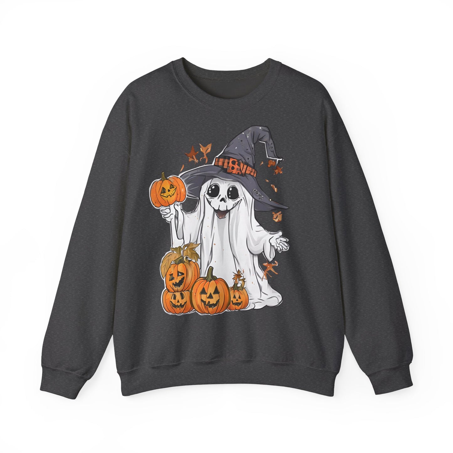 Halloween Sweatshirt mit lustigem Geist mit Hut und Kürbisse
