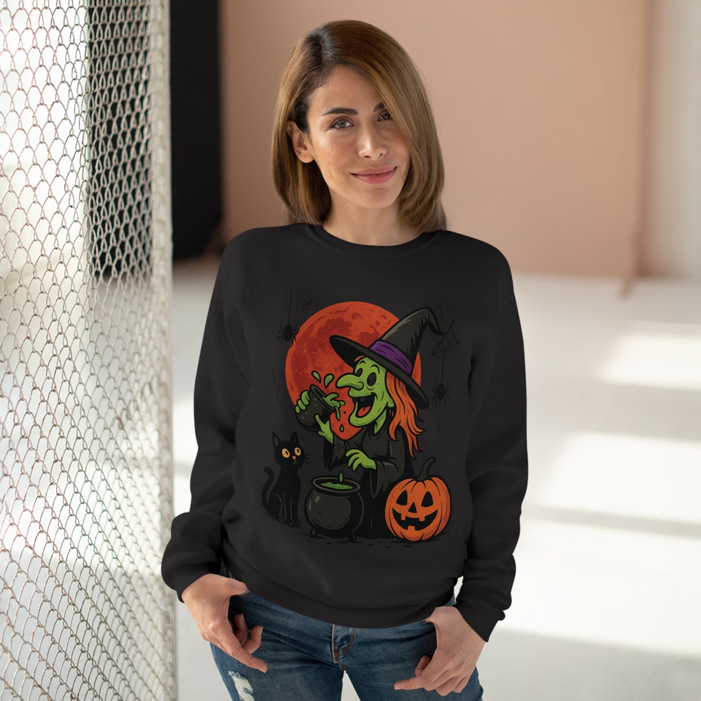 Sweatshirt Motiv Halloween Hexe Blutmond Katze Kürbis - MorgenMood