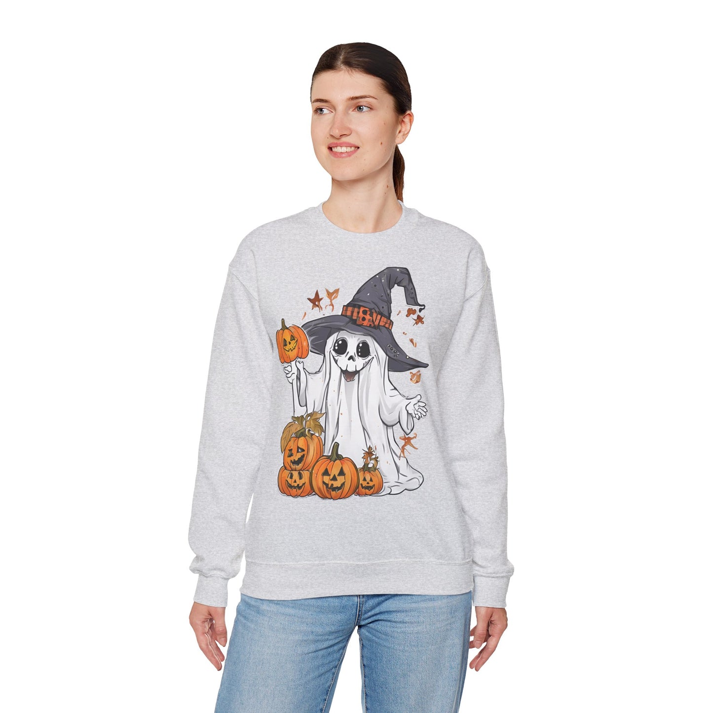 Halloween Sweatshirt mit lustigem Geist mit Hut und Kürbisse
