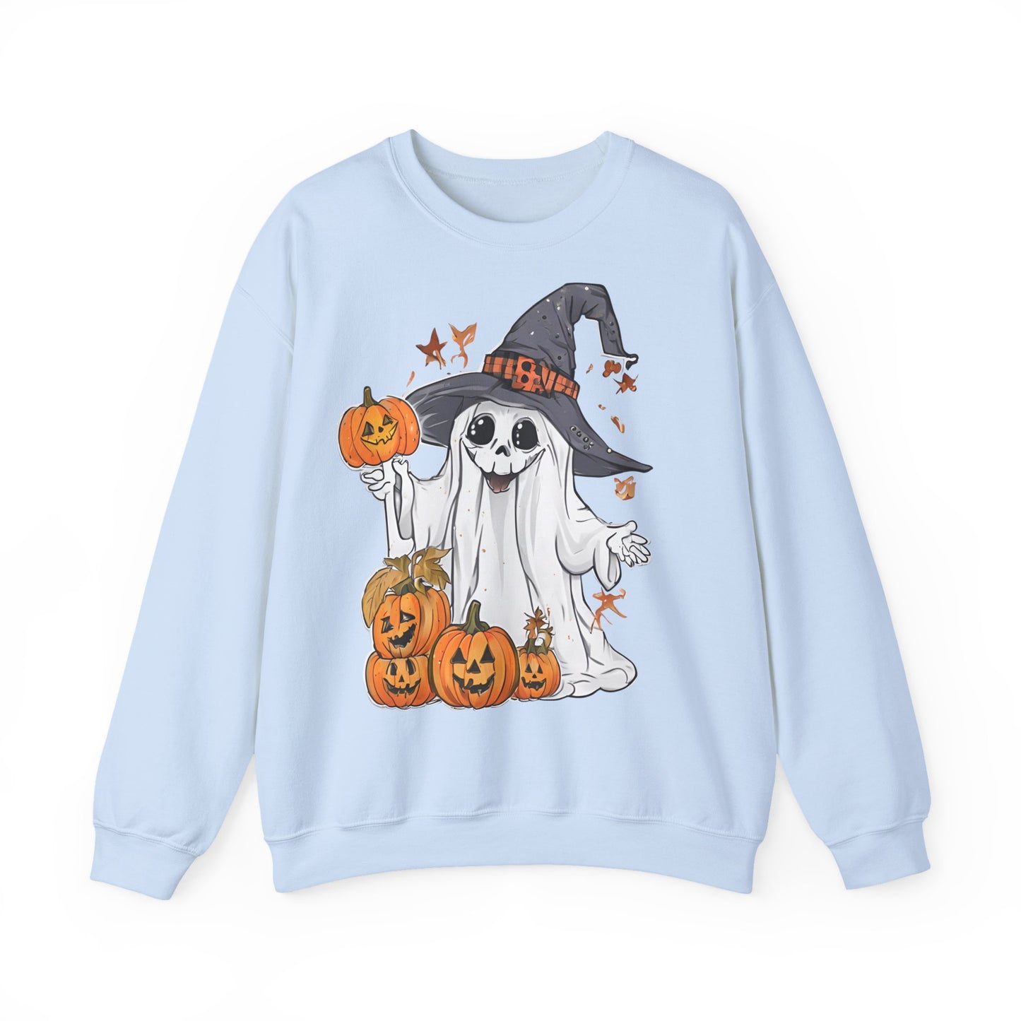 Halloween Sweatshirt mit lustigem Geist mit Hut und Kürbisse