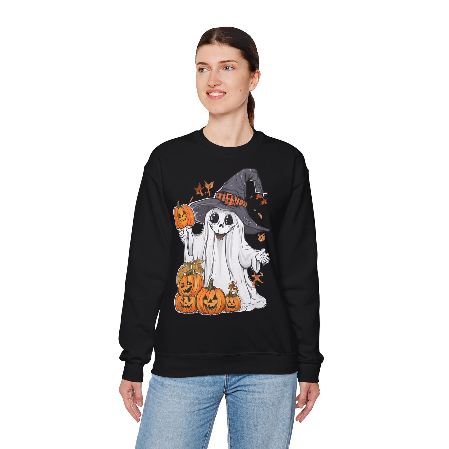 Halloween Sweatshirt mit lustigem Geist mit Hut und Kürbisse