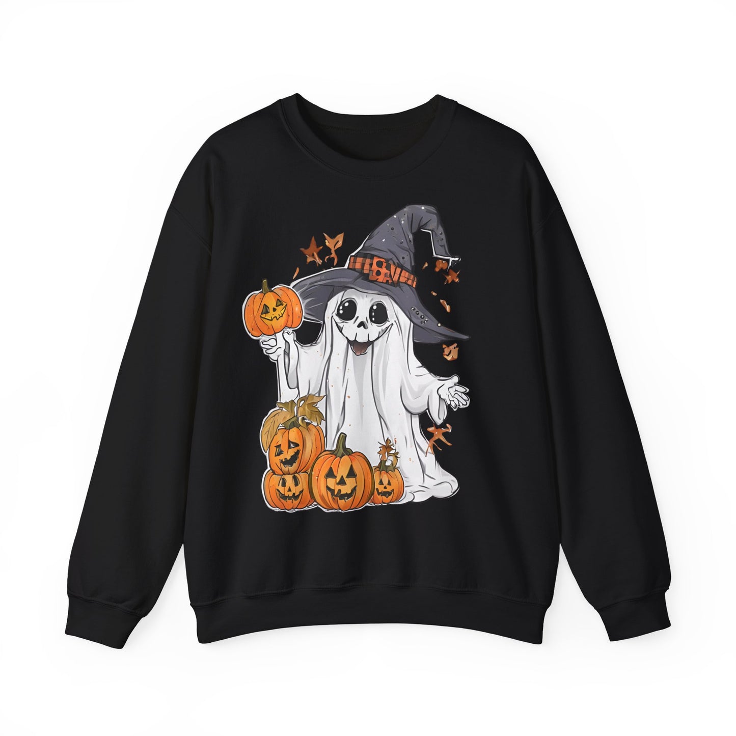 Halloween Sweatshirt mit lustigem Geist mit Hut und Kürbisse