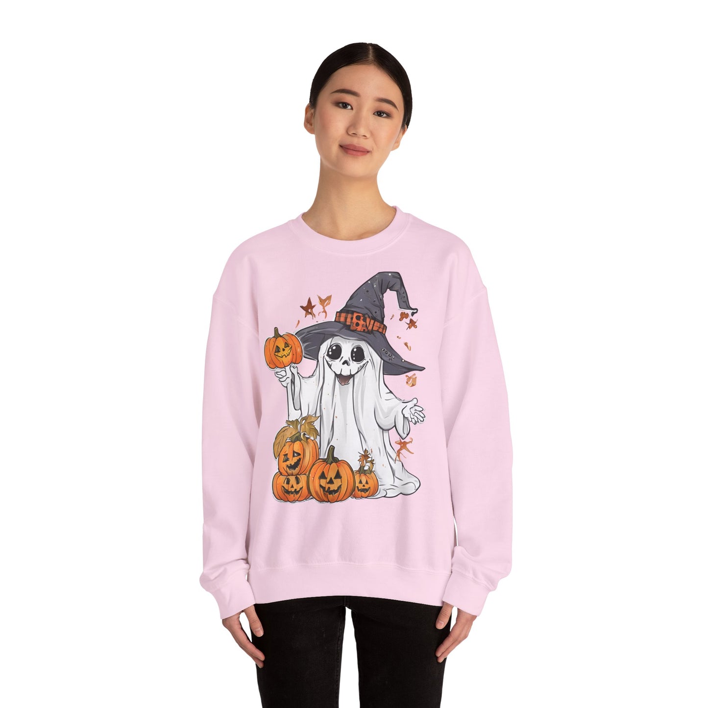 Halloween Sweatshirt mit lustigem Geist mit Hut und Kürbisse