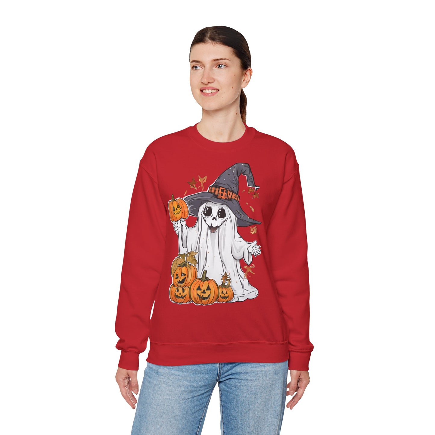 Halloween Sweatshirt mit lustigem Geist mit Hut und Kürbisse
