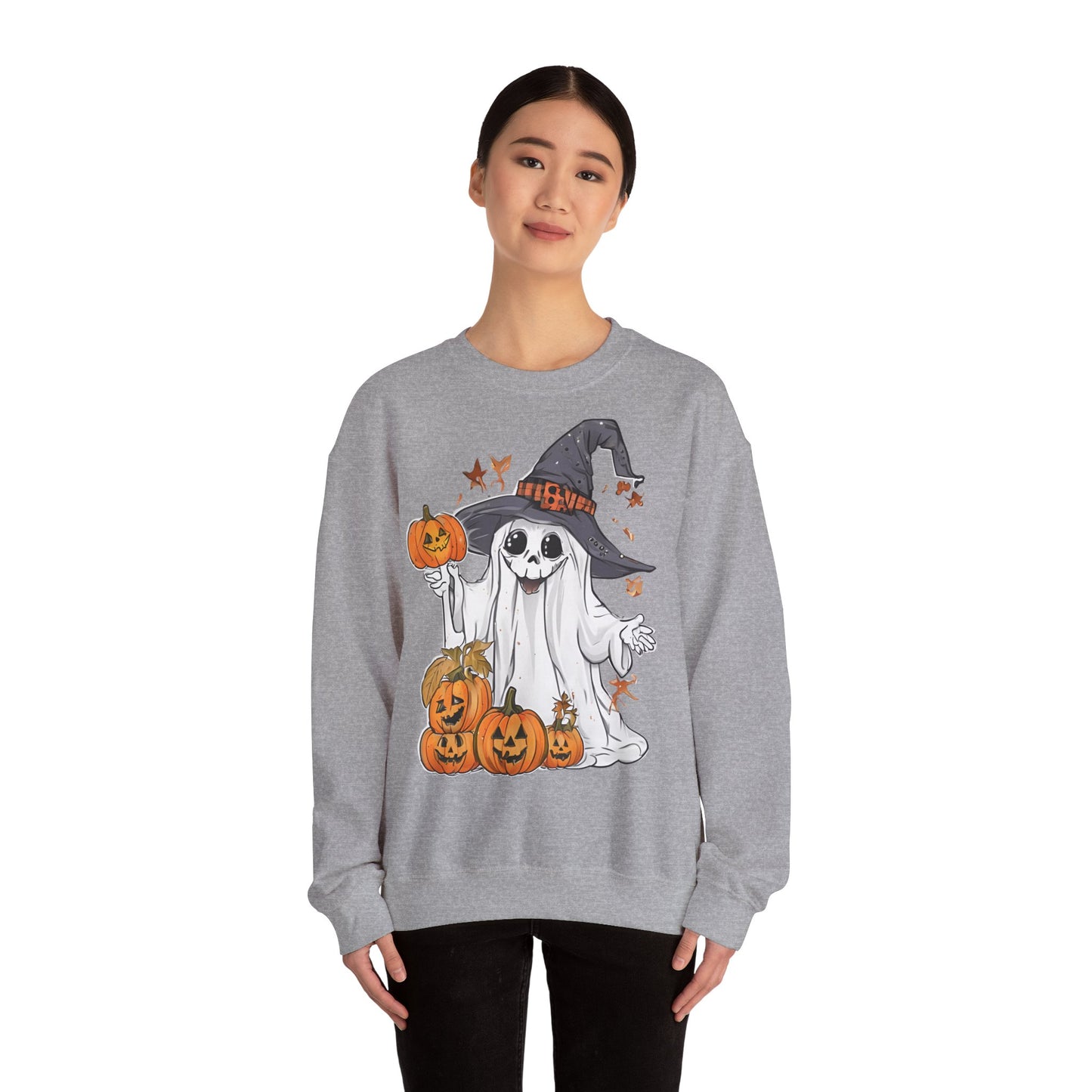 Halloween Sweatshirt mit lustigem Geist mit Hut und Kürbisse