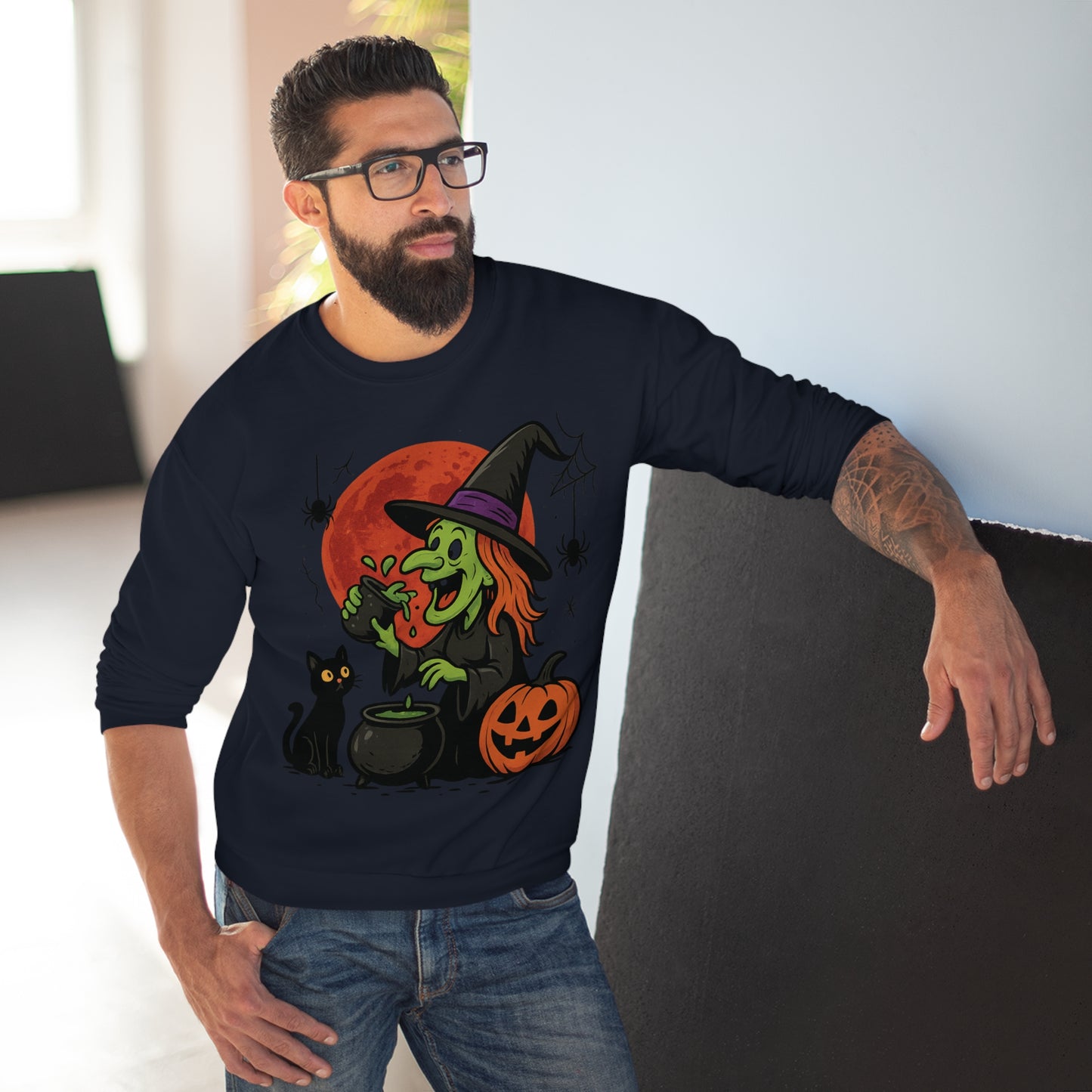 Sweatshirt Motiv Halloween Hexe Blutmond Katze Kürbis - MorgenMood