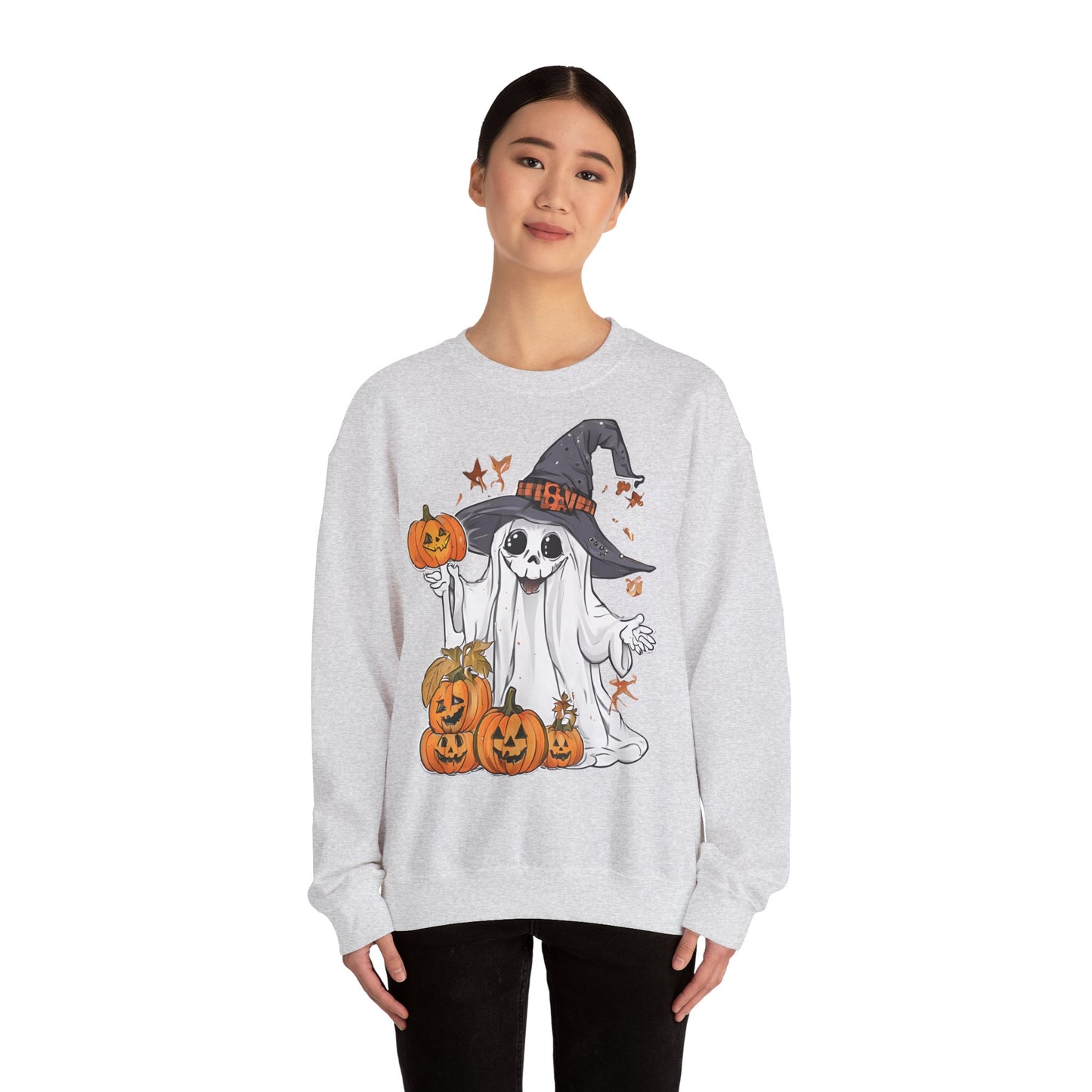 Halloween Sweatshirt mit lustigem Geist mit Hut und Kürbisse