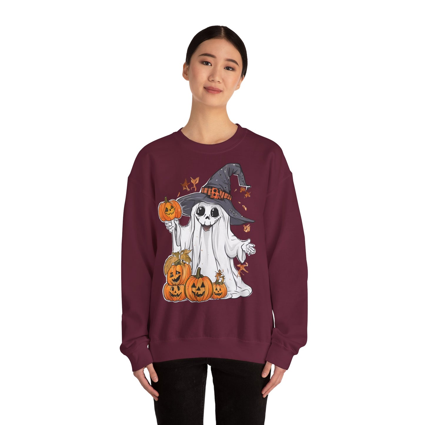 Halloween Sweatshirt mit lustigem Geist mit Hut und Kürbisse